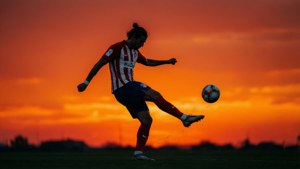 Silhouet van een Atletico Madrid-speler met een zonsondergangachtergrond.