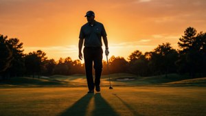 Silhuet af Nick Price, der går på en golfbane ved solnedgang.