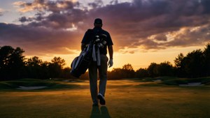 Briny Baird cammina sul fairway al tramonto.