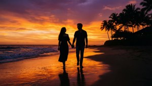 Silhouetted couple walking hand in hand on a beach at sunset with palm trees. — Maldives Wallpaper