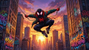 Miles Morales swings through the city at sunset in stunning Spider-Verse style.