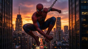 Spider-Man svever over New York City i den gylne timen