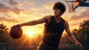Kensuke Midorikawa skyter et trepoengsskudd under solnedgang.