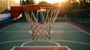Nahaufnahme eines Basketballnetzes mit Spielfeldlinien in warmen Sonnenuntergangsfarben, nostalgisch.
