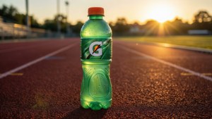 Bottiglia Gatorade su una pista da corsa al tramonto.