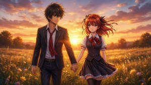 Shirou e Rin fanno una romantica passeggiata al tramonto in un campo durante l'ora d'oro.
