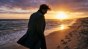 Emil Krafft berjalan di pantai saat matahari terbenam dengan langit hangat dan ombak lembut.