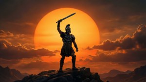 Silhouette de gladiateur contre un ciel dramatique au coucher du soleil.