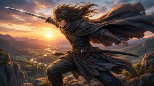 Animehjälte med svärd vid solnedgångsklippa, episk fantasybakgrund.