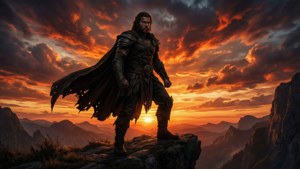 Silhuett av Jonathan Gresham mot eldig solnedgång, heroisk.