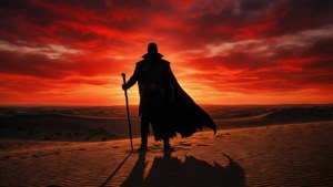 Silhouette épique de The Sandman contre un coucher de soleil rouge avec canne, ambiance héroïque.