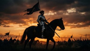 Dramatic silhouette of Joan of Arc on horseback at sunset