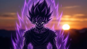 Silhuet af Ultra Ego Vegeta med lilla aura ved solnedgang.
