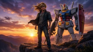 Trowa Barton with Heavyarms Gundam at sunset.