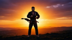 Sagoma di Renzo Gracie in gi contro un cielo colorato al tramonto.