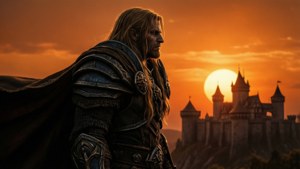 Anduin Wrynn silhuett vid solnedgång, minimalistisk bakgrundsbild