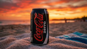 Een zomerse zonsondergangscène met een Coke Zero blikje op een strandhanddoek.