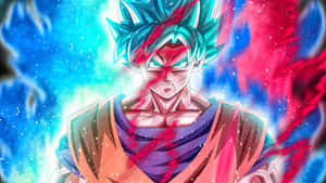 Anime-Figur mit blauen Haaren und roter Energie-Aura in einer kosmischen Kampfszene — Dragonball Z Logobilder Bild Wallpaper