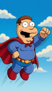 Peter Griffin efterligner Superman, der flyver gennem himlen