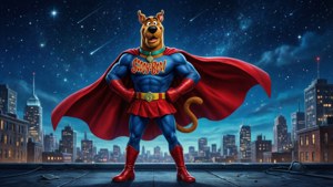 Scooby-Doo como superhéroe observando la ciudad.