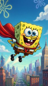 SpongeBob soars as a superhero, cape flowing, ready to save the day. — Spongebob iPhone Wallpaper
