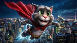 Talking Tom verkleed als superheld vliegend boven een lichtgevende stad 's nachts.