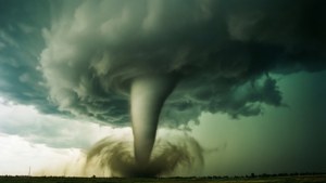 Sebuah tornado yang terbentuk di bawah awan dinding supercell hijau dengan rotasi.