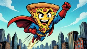 A smiling pizza slice superhero soaring above a city with a red cape and blue suit. — Comic style Wallpaper