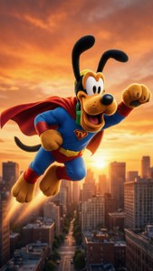 Maskot anjing Pluto TV sebagai superhero terbang di atas kota saat matahari terbenam dengan jubah