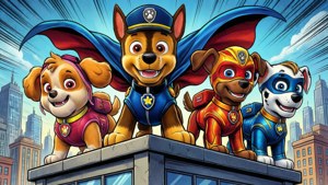Puppy's als superhelden met capes op een dak, stripstijl.