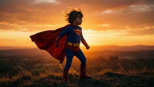 Anak dengan jubah pahlawan super saat matahari terbenam siluet
