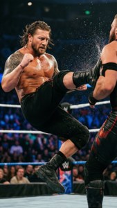 Wrestler esegue un calcio volante durante un incontro davanti a una folla che applaude.