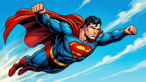 Wallpaper Superman yang hidup menangkap sang pahlawan di tengah penerbangan dengan estetika buku komik klasik.
