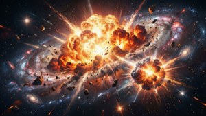 Twee sterren exploderen in een cataclysmische supernova en sturen golven door de ruimte.