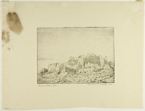 Superstition Mountain by Wallace L. DeWolf, created 1921, in Etching on cream Japanese paper. Download this artwork as a high-resolution wallpaper for desktop, — Wallace L. DeWolf Wallpaper