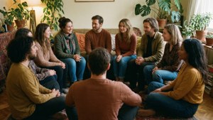 En grupp människor som sitter i en cirkel i ett mysigt rum, stödjande atmosfär, för PTSD-stödgrupper.