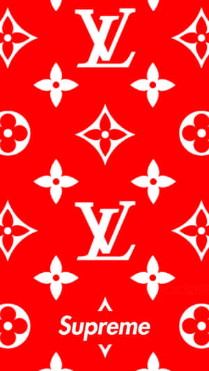 Red background with white Louis Vuitton and Supreme logos in repeating pattern.