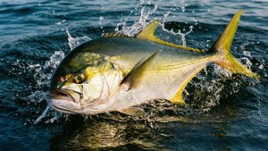 En større amberjack bryder gennem vandoverfladen med sollys, der glimter på dens skæl.