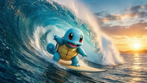 Squirtle surfer på en kæmpe bølge ved solnedgang, dynamisk og farverig baggrund.