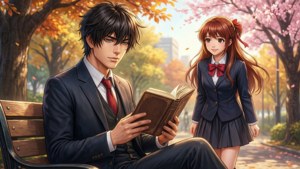 Haruki membaca di bangku saat Sakura mendekat dengan senyum di bawah sinar matahari musim gugur.