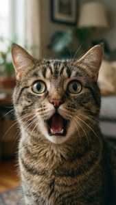 En fotorealistisk närbild av en katt med en chockad reaktion.