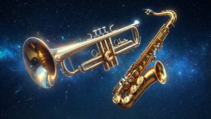 Trompeta y saxofón flotantes en un cielo nocturno estrellado, soñador.