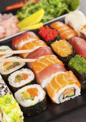 Fat med olika sushi-rullar och nigiri med wasabi-citron och ingefära garnering — Sushi Bilder