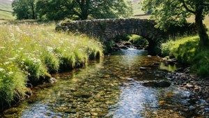 Fredelig strøm, der flyder gennem Swaledale-dalen i Yorkshire