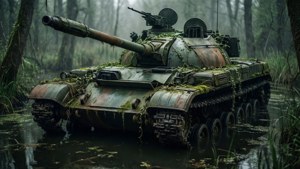 Un BMP-1 abbandonato in una palude, ricoperto di muschio, atmosfera inquietante e nebbiosa.