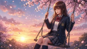 Ruri Hijiribe på en gynge ved solnedgang med kirsebærblomster.