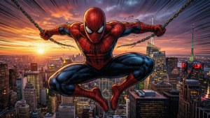 Spider-Man svinger mellom bygninger i et glødende solnedgangslandskap.