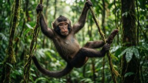 Una scimmia giocosa che si dondola attraverso una fitta foresta pluviale in movimento, scena d'azione cinematografica.