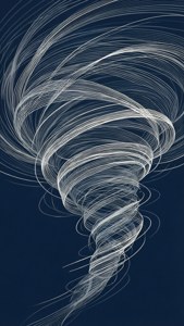 Minimalistisk abstrakt illustration af en vindstorm som en hvirvel af hvide og grå linjer på mørkeblå.