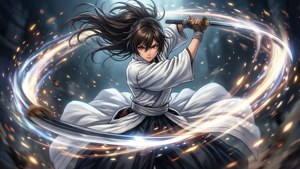 Benio Amakusa dançando com sua espada, partículas de luz girando.
